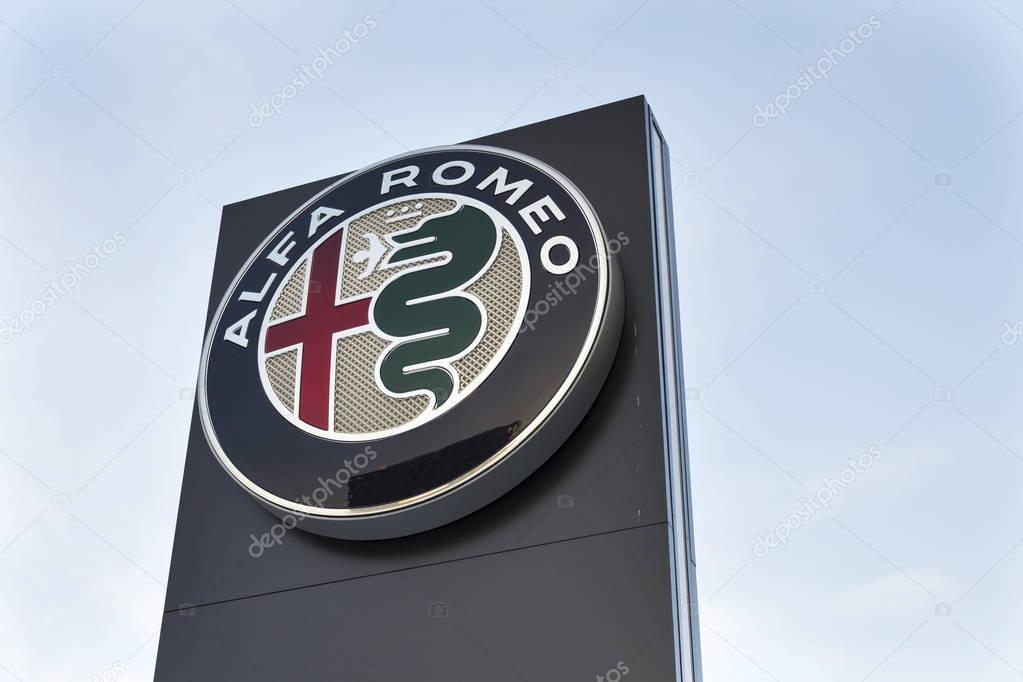 PRAGUE, CZECH REPUBLIC - JANUARY 20: Alfa Romeo car logo on dealership building on January 20, 2017 in Prague, Czech republic. American regulator EPA investigate Fiat Chrysler Automobiles for emissions cheating.