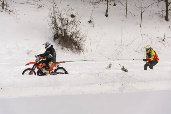 Motorcycle skijoring racers ride on track of Czech championship competition — Stock Photo, Image