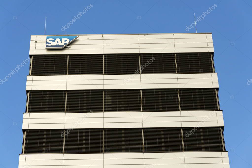 PRAGUE, CZECH REPUBLIC - FEBRUARY 5: SAP multinational software corporation logo on Czech headquarters building on February 5, 2017 in Prague, Czech republic.