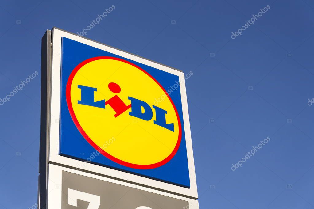 PRAGUE, CZECH REPUBLIC - FEBRUARY 25: LIDL company logo in front of supermarket from German chain, part of Schwartz Gruppe on February 25, 2017 in Prague, Czech republic. Lidl plans expansion to USA in summer.