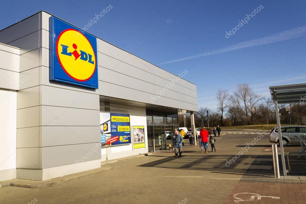 PRAGUE, CZECH REPUBLIC - FEBRUARY 25: LIDL company logo in front of supermarket from German chain, part of Schwartz Gruppe on February 25, 2017 in Prague, Czech republic. Lidl plans expansion to USA in summer.