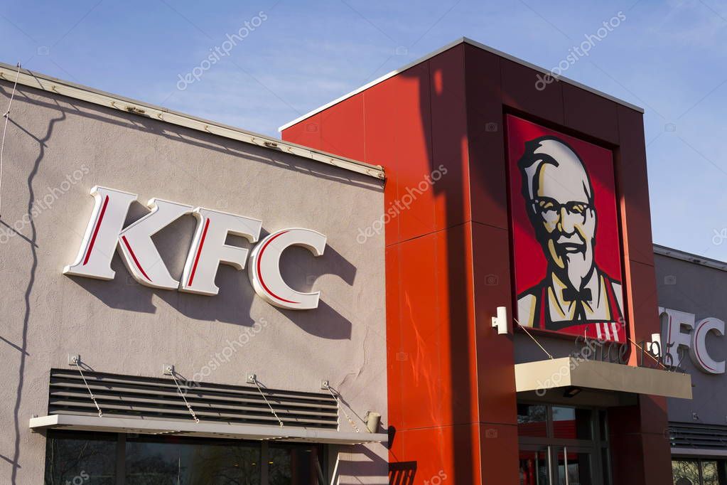 PRAGUE, CZECH REPUBLIC - FEBRUARY 25: KFC international fast food restaurant company logo on February 25, 2017 in Prague, Czech republic. KFC launches pizza on a fried chicken base.