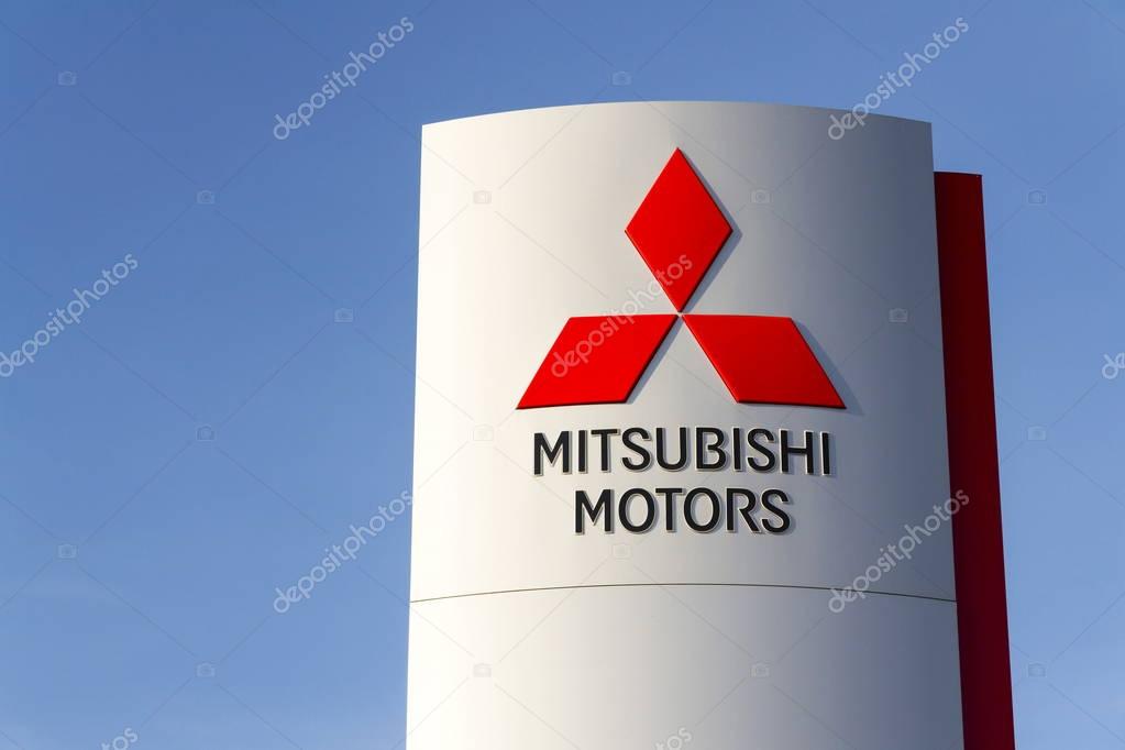 PRAGUE, CZECH REPUBLIC - MARCH 31: Mitsubishi motors company logo in front of dealership building on March 31, 2017 in Prague, Czech republic. GAC Mitsubishi Motors started construction of an engine plant in the central Chinese city of Changsha.
