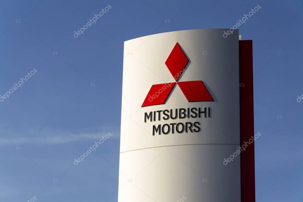 PRAGUE, CZECH REPUBLIC - MARCH 31: Mitsubishi motors company logo in front of dealership building on March 31, 2017 in Prague, Czech republic. GAC Mitsubishi Motors started construction of an engine plant in the central Chinese city of Changsha.
