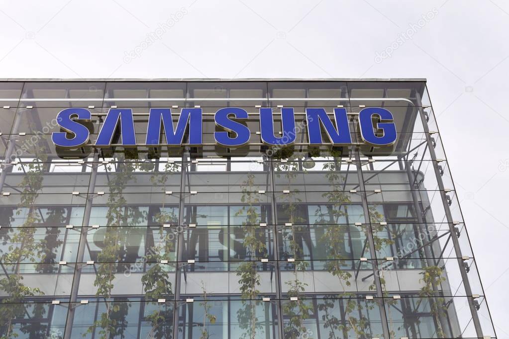 PRAGUE, CZECH REPUBLIC - MAY 22: Samsung company logo on headquarters building on May 22, 2017 in Prague, Czech republic. Samsung remains the largest mobile phone maker but its market share has dropped to 20.7 per cent.