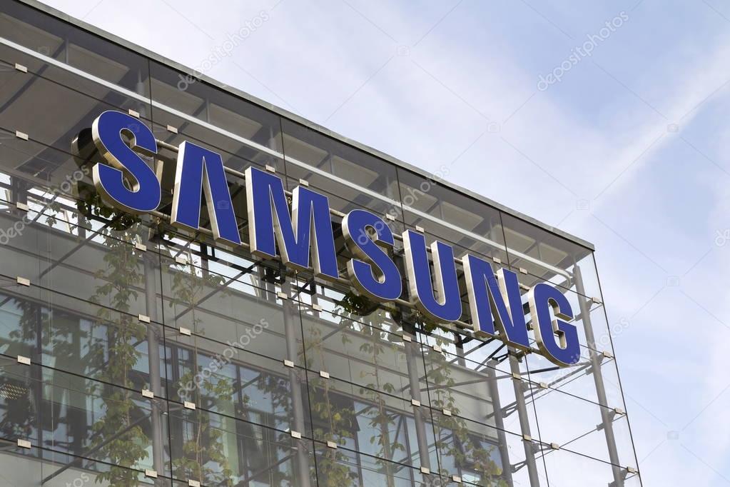 PRAGUE, CZECH REPUBLIC - MAY 22: Samsung company logo on headquarters building on May 22, 2017 in Prague, Czech republic. Samsung remains the largest mobile phone maker but its market share has dropped to 20.7 per cent.
