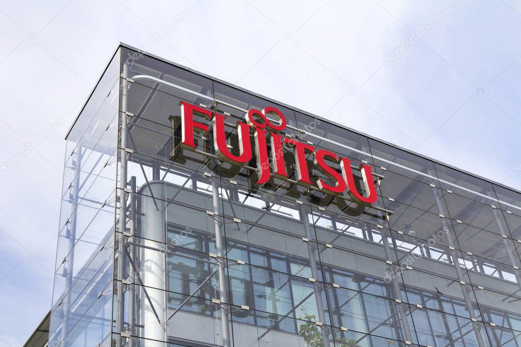 PRAGUE, CZECH REPUBLIC - MAY 22: Fujitsu company logo on headquarters building on May 22, 2017 in Prague, Czech republic. Fujitsu edge closer to deal with largest PC manufacturer Lenovo.