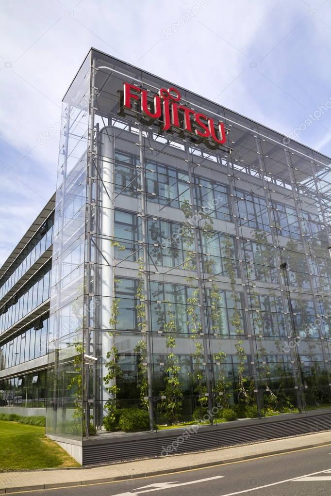 PRAGUE, CZECH REPUBLIC - MAY 22: Fujitsu company logo on headquarters building on May 22, 2017 in Prague, Czech republic. Fujitsu edge closer to deal with largest PC manufacturer Lenovo.