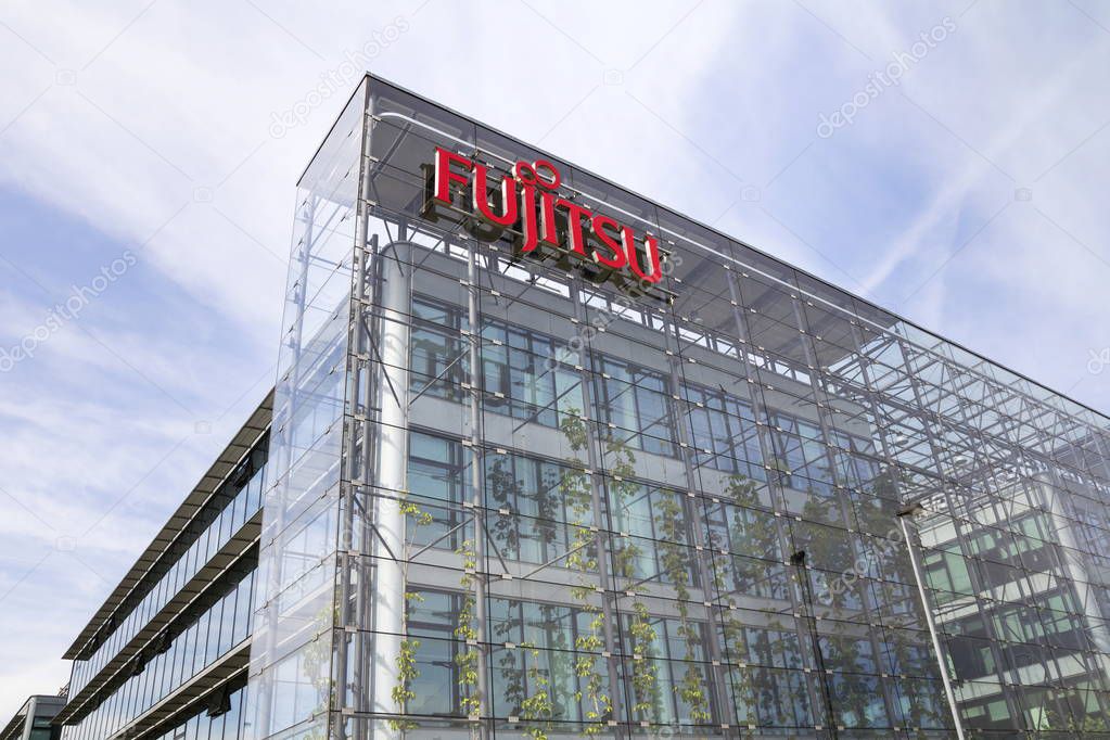 PRAGUE, CZECH REPUBLIC - MAY 22: Fujitsu company logo on headquarters building on May 22, 2017 in Prague, Czech republic. Fujitsu edge closer to deal with largest PC manufacturer Lenovo.
