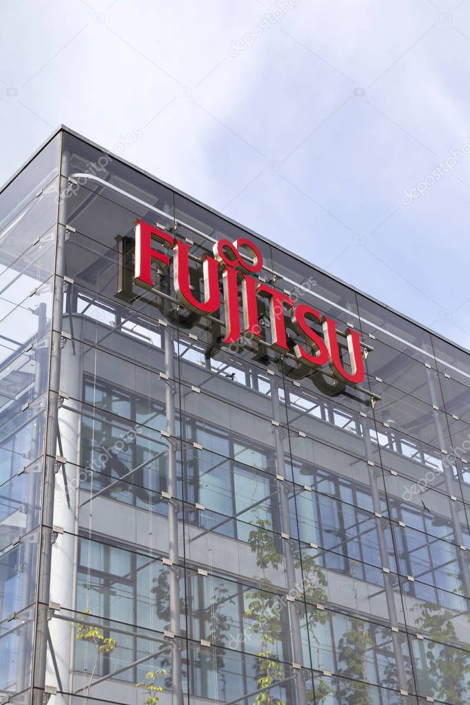 PRAGUE, CZECH REPUBLIC - MAY 22: Fujitsu company logo on headquarters building on May 22, 2017 in Prague, Czech republic. Fujitsu edge closer to deal with largest PC manufacturer Lenovo.