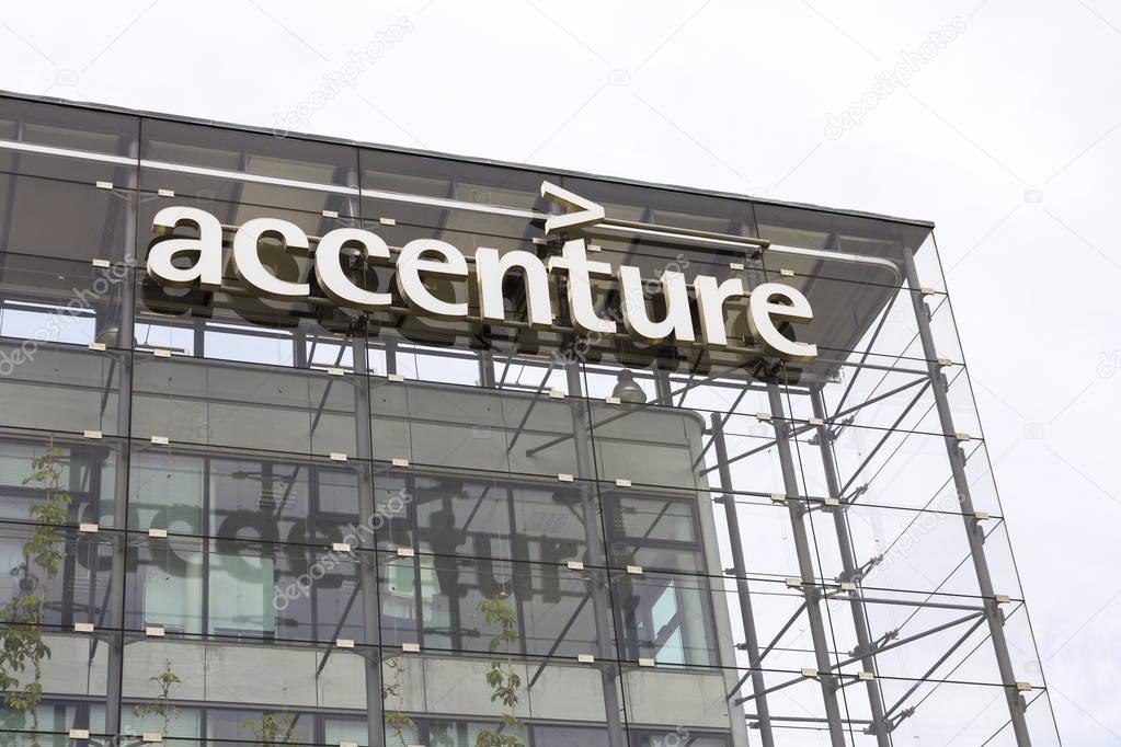PRAGUE, CZECH REPUBLIC - MAY 22: Accenture global professional services company logo on Czech headquarters building on May 22, 2017 in Prague, Czech republic. In 2016, Fortune magazine named it the worlds most admired IT Services company.