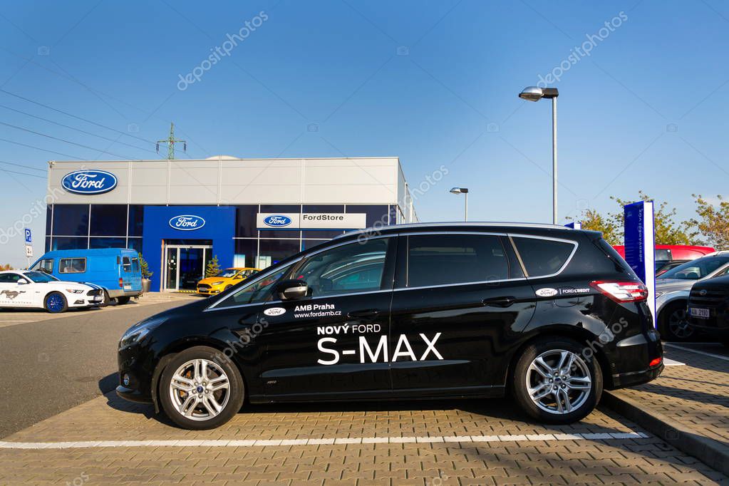 PRAGUE, CZECH REPUBLIC - SEPTEMBER 29: Cars in front of Ford motor company dealership building on September 29, 2017 in Prague. Ford and Lyft will work together to deploy autonomous cars.