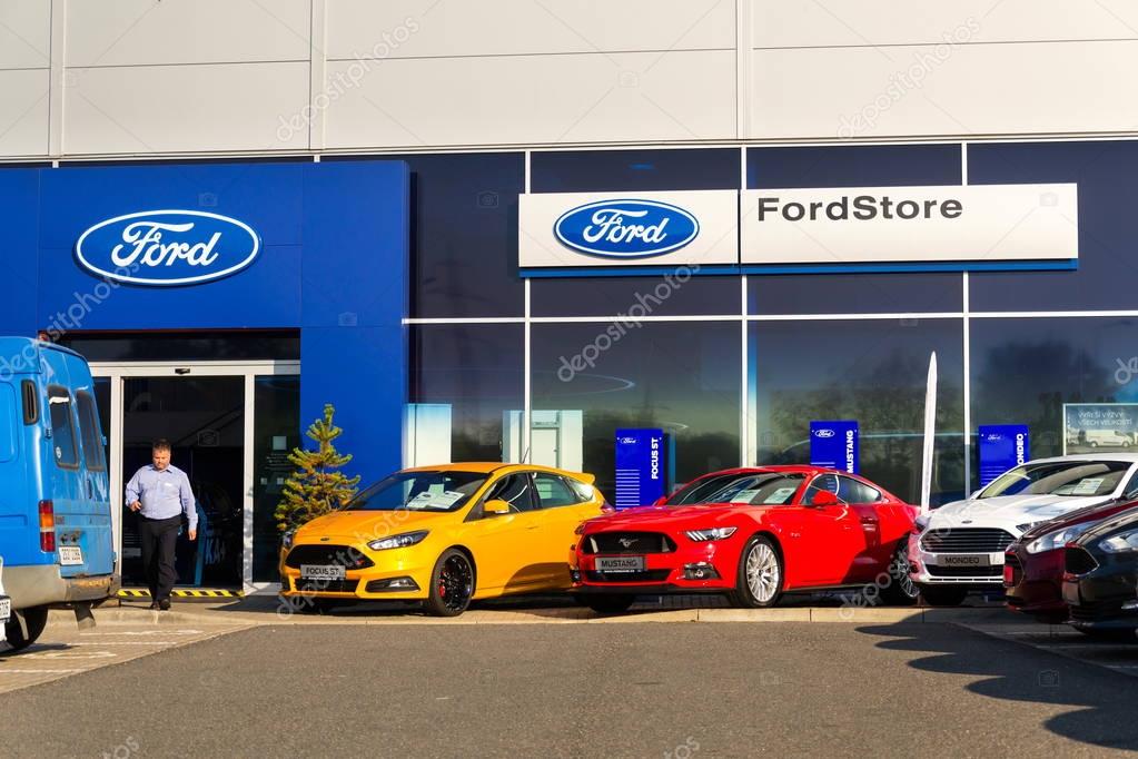 PRAGUE, CZECH REPUBLIC - SEPTEMBER 29: Cars in front of Ford motor company dealership building on September 29, 2017 in Prague. Ford and Lyft will work together to deploy autonomous cars.