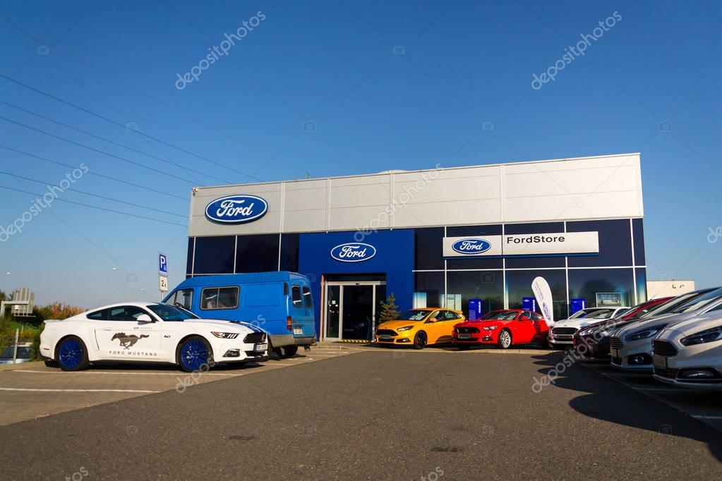 PRAGUE, CZECH REPUBLIC - SEPTEMBER 29: Cars in front of Ford motor company dealership building on September 29, 2017 in Prague. Ford and Lyft will work together to deploy autonomous cars.