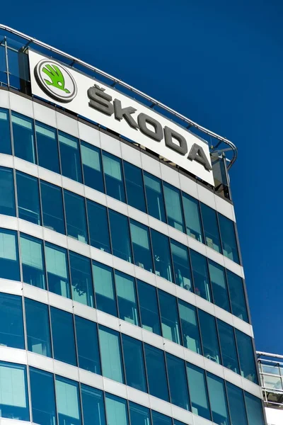 Skoda Auto automobile manufacturer from Volkswagen Group company logo on headquarters building — Stock Photo, Image