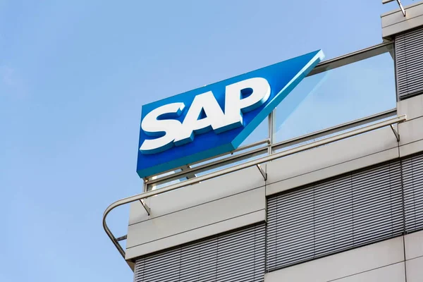 SAP multinational software corporation logo on Czech headquarters building on October 14, 2017 in Prague, Czech republic. — Stock Photo, Image