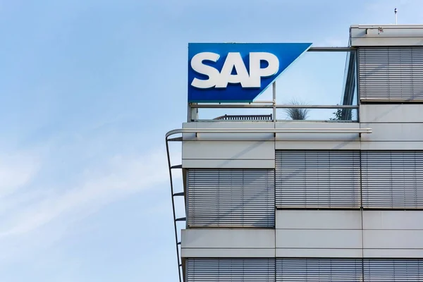 SAP multinational software corporation logo on Czech headquarters building on October 14, 2017 in Prague, Czech republic. — Stock Photo, Image