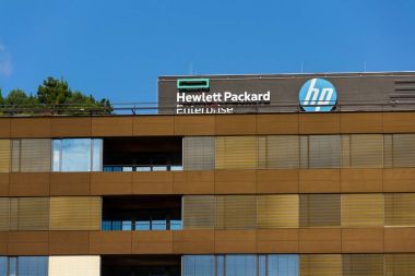 The Hewlett-Packard company logo on headquarters building clipart