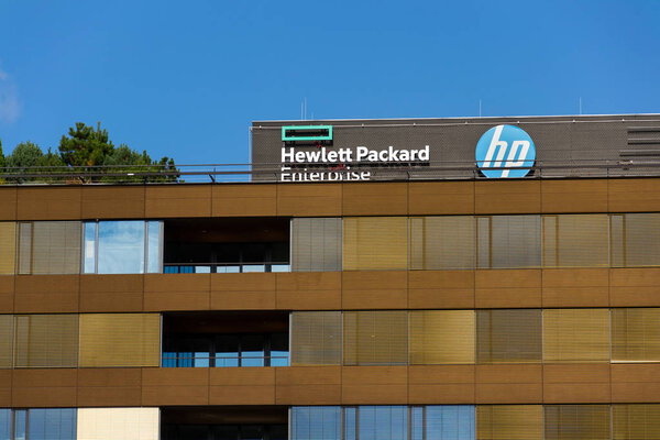The Hewlett-Packard company logo on headquarters building