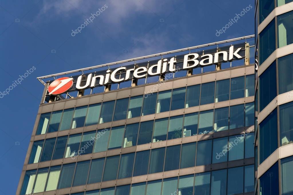PRAGUE, CZECH REPUBLIC - OCTOBER 14: UniCredit Group banking company logo on branch building on October 14, 2017 in Prague, Czech republic. Italys largest bank is scouting for potential partners in Europe.