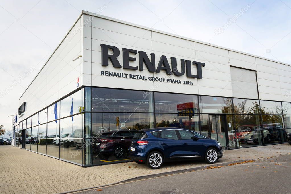 PRAGUE, CZECH REPUBLIC - OCTOBER 25: Renault company logo on dealership building on October 25, 2017 in Prague. Renault beat expectations when sales jump 15.9 per cent in the third quarter.
