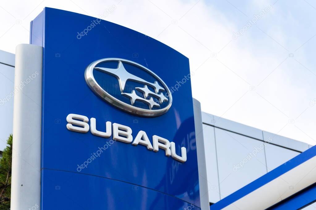 PRAGUE, CZECH REPUBLIC - OCTOBER 27: Subaru company logo on dealership building on October 27, 2017 in Prague. Subaru admits it allowed unauthorised technicians to inspect vehicles for domestic market.