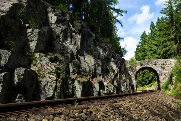 Romantische stenen brug over de spoorweg in prachtig bos, Tsjechië — Stockfoto