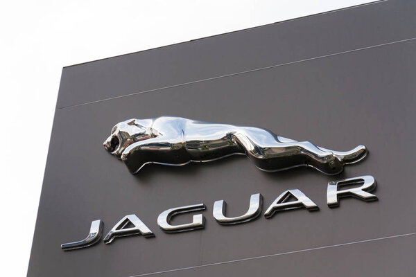 Jaguar car manufacturer company logo in front of dealership building