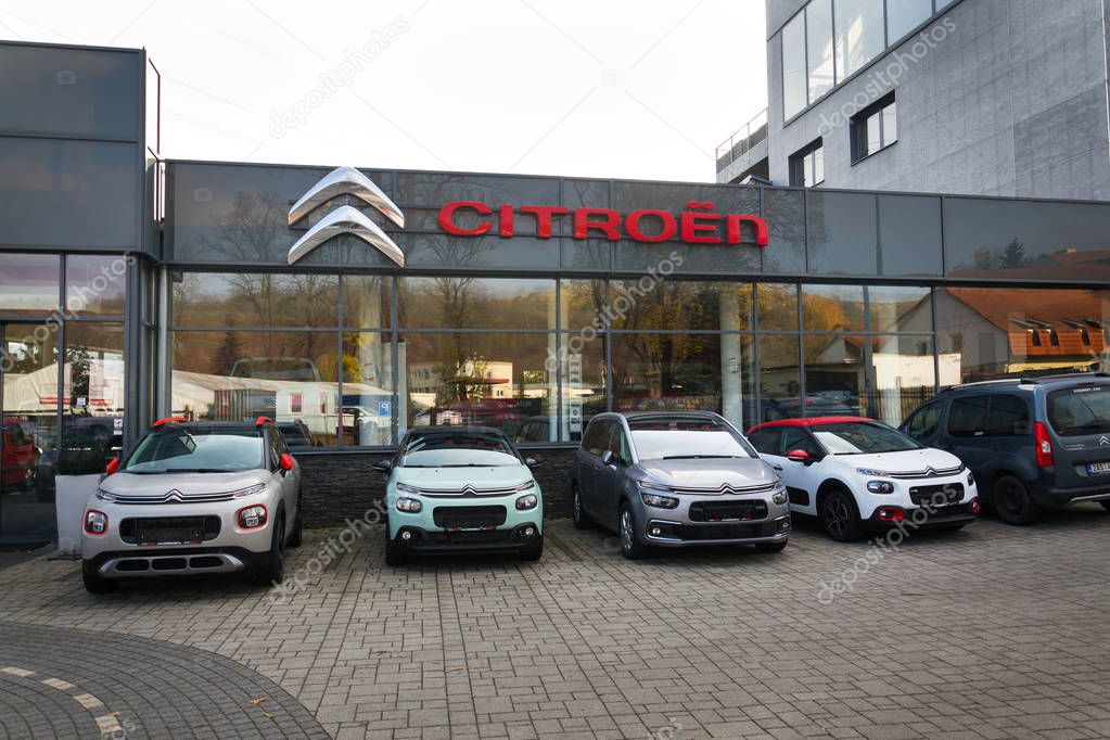 PRAGUE, CZECH REPUBLIC - NOVEMBER 5: Citroen cars in front of dealership building on November 5, 2017 in Prague. Citroen prepares EV push with 80 per cent electrified range by 2023.