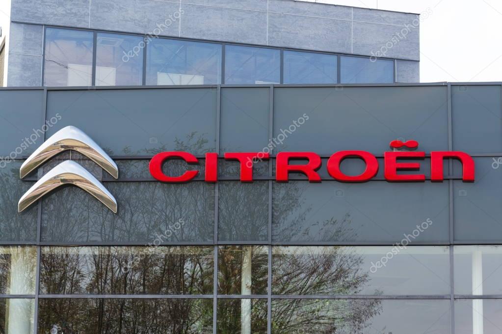 PRAGUE, CZECH REPUBLIC - NOVEMBER 5: Citroen car company company logo in front of dealership building on November 5, 2017 in Prague. Citroen prepares EV push with 80 per cent electrified range by 2023.