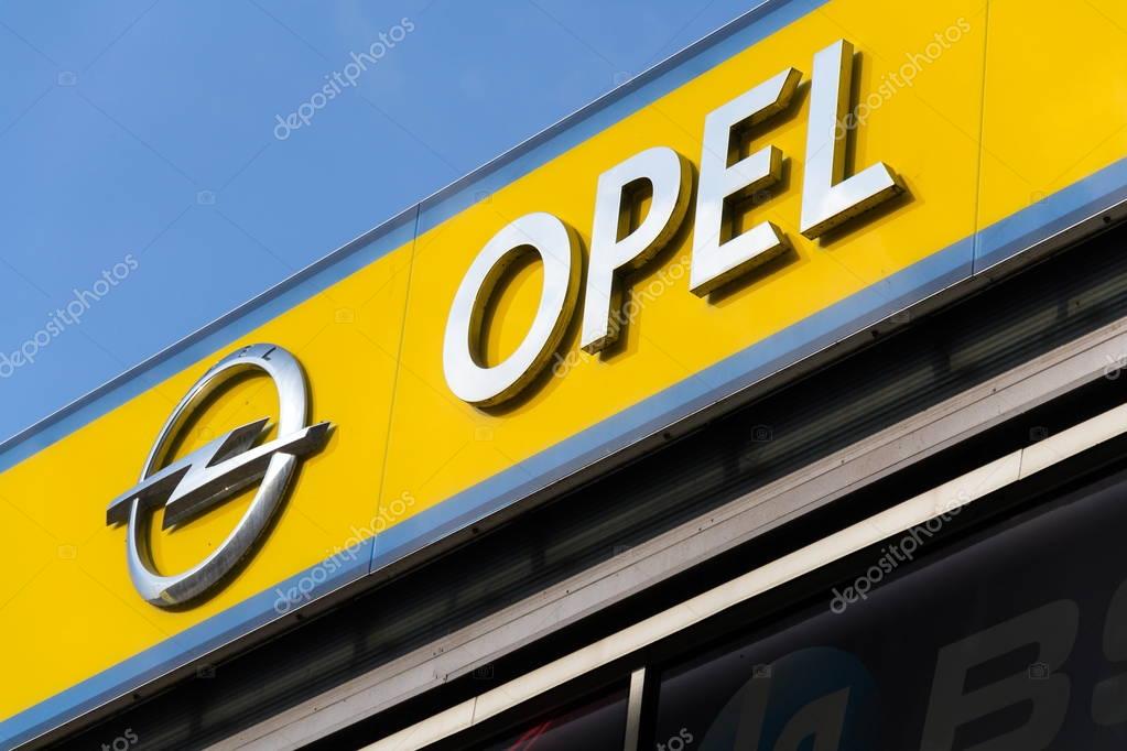 PRAGUE, CZECH REPUBLIC - NOVEMBER 5: Opel company logo in front of dealership building on November 5, 2017 in Prague. PSA Group plans to cut the number of models and rein in discounts at its Opel division.