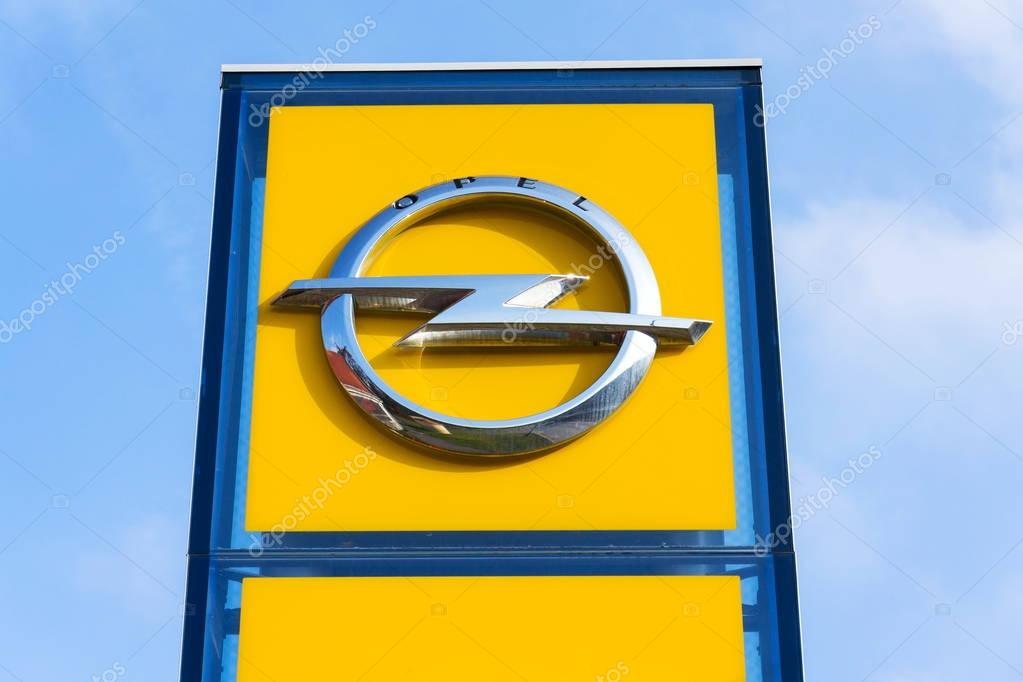 PRAGUE, CZECH REPUBLIC - NOVEMBER 5: Opel company logo in front of dealership building on November 5, 2017 in Prague. PSA Group plans to cut the number of models and rein in discounts at its Opel division.