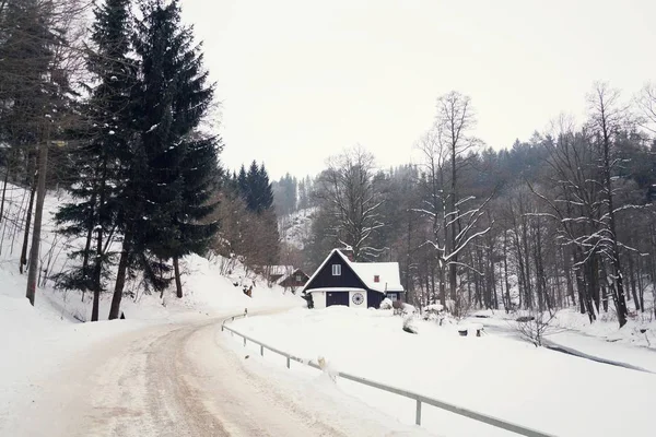 Sfida in montagna innevata paese, nebbioso giorno d'inverno, Repubblica Ceca — Foto Stock