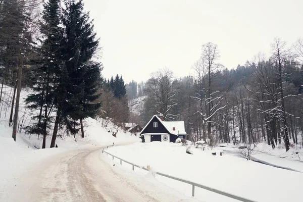 Chalet en las montañas nevadas país, niebla día de invierno, República Checa — Foto de Stock