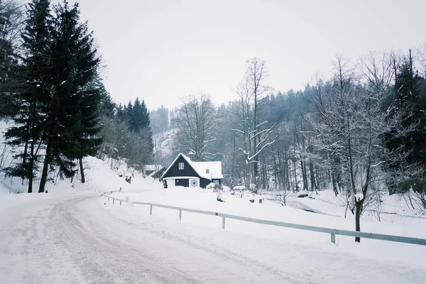 Chalé em montanhas nevadas país, dia de inverno nebuloso, República Checa — Fotografia de Stock