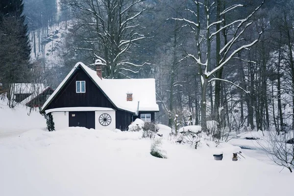 Sfida in montagna innevata paese, nebbioso giorno d'inverno, Repubblica Ceca — Foto Stock