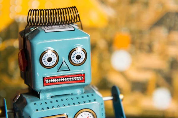 Robotul Jucărie Epocă Din Spatele Plăcii Calculator Conceptul Inteligență Artificială — Fotografie, imagine de stoc