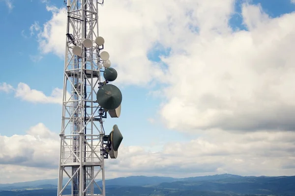 Aerials Transmitters Telecommunication Tower Mountains Background Cloudy Blue Sky Digital — Stock Photo, Image