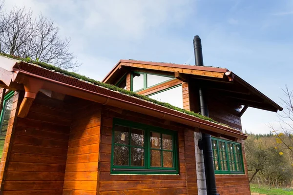 Fából Készült Ház Kiterjedt Zöld Ökológiai Élő Sod Tető Növényzettel — Stock Fotó