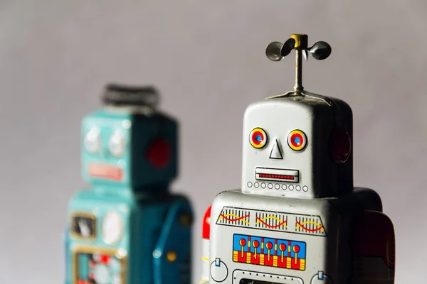 Angry Vintage Tin Toy Robots Artificial Intelligence Robotic Delivery Concept — Stock Photo, Image