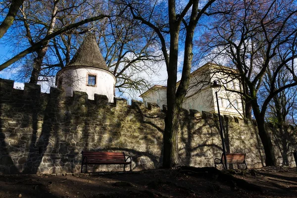 Vackra Historiska Tornet Bakom Staden Befästningsmuren Solig Höstdag Tábor Tjeckien — Stockfoto