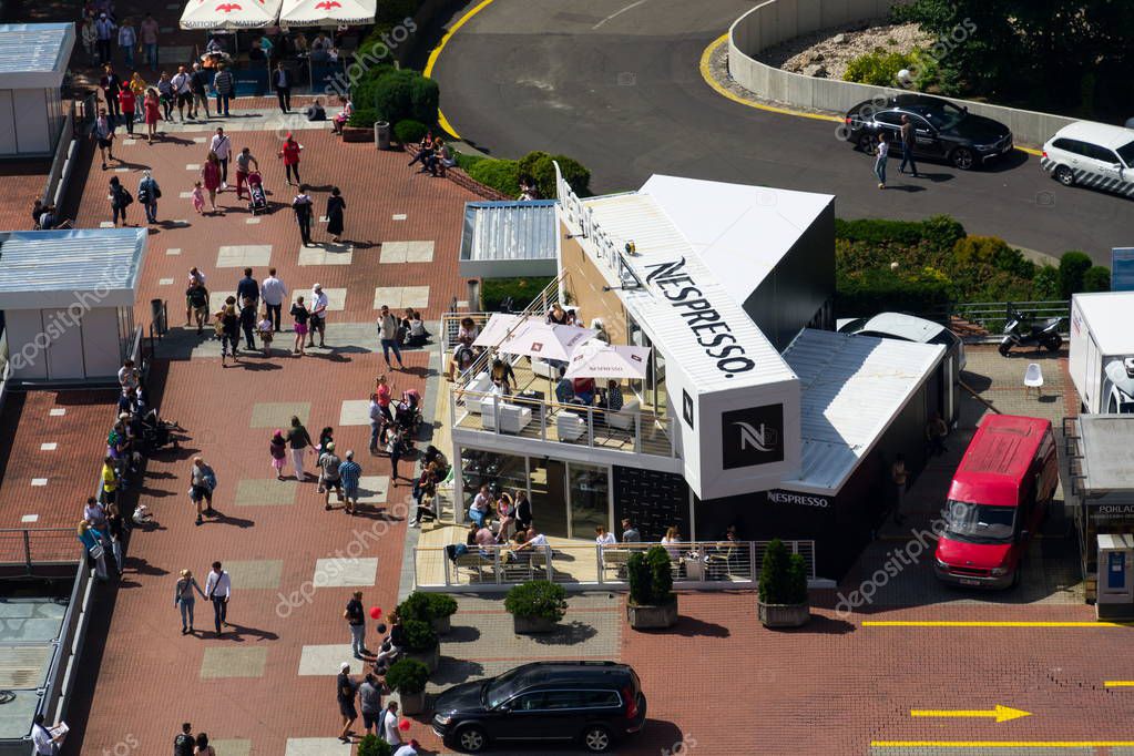 KARLOVY VARY, CZECH REPUBLIC - JULY 3: Nespresso Nestle group brand company logo on cafeteria in front of Hotel Thermal during international film festival on July 3, 2016 in Karlovy Vary, Czech Republic.