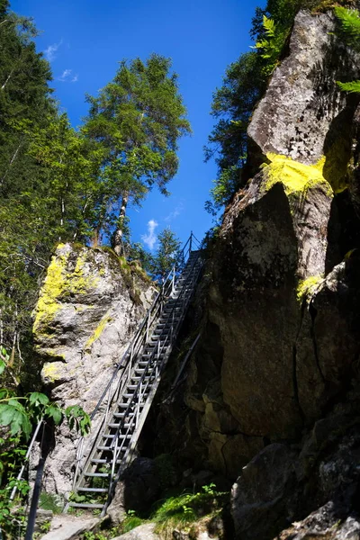 Ladder stairs on Alpine trail through Hell gorge canyon with Riesach waterfalls from lake Riesachsee near Schladming, Austria