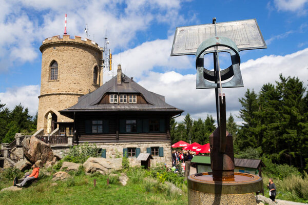 KAJOV, CZECH REPUBLIC - AUGUST 12: People on the oldest Czech stone lookout tower - Josefs lookout tower at Mount Klet in Blansky forest on August 12, 2017 in Kajov, Czech Republic.