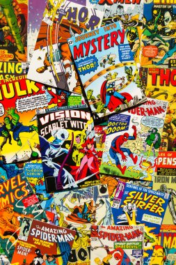 Prague, Çek Cumhuriyeti - 29 Ocak: renkli vintage komik dergi kapakları üst görüntülemek 29 Ocak 2018 düz yatıyordu kompozisyonu Prag, Çek Cumhuriyeti.