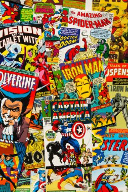 Prague, Çek Cumhuriyeti - 29 Ocak: renkli vintage komik dergi kapakları üst görüntülemek 29 Ocak 2018 düz yatıyordu kompozisyonu Prag, Çek Cumhuriyeti.