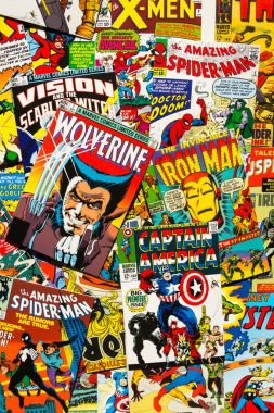 Prague, Çek Cumhuriyeti - 29 Ocak: renkli vintage komik dergi kapakları üst görüntülemek 29 Ocak 2018 düz yatıyordu kompozisyonu Prag, Çek Cumhuriyeti.