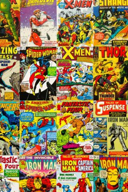 Prague, Çek Cumhuriyeti - 29 Ocak: renkli vintage komik dergi kapakları üst görüntülemek 29 Ocak 2018 düz yatıyordu kompozisyonu Prag, Çek Cumhuriyeti.