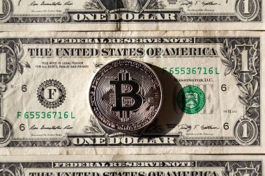 ABD Doları, cryptocurrency kavramı üzerinde yalan gümüş bitcoin sikke