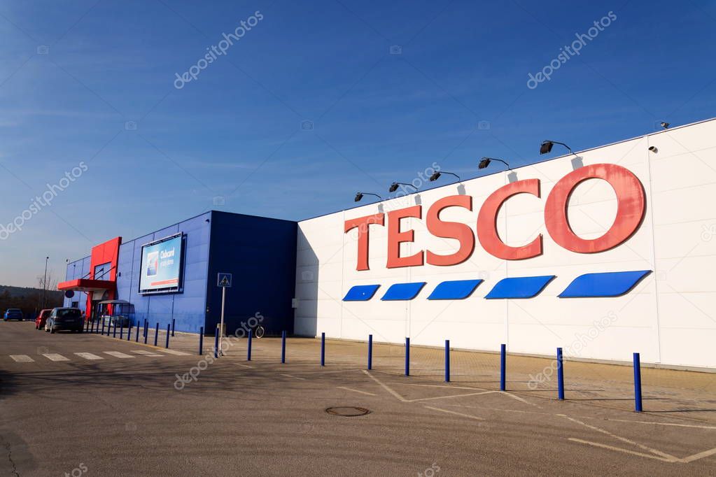 TABOR, CZECH REPUBLIC - FEBRUARY 6 2018: Tesco company logo on the supermarket building on February 6, 2018 in Tabor, Czech Republic.